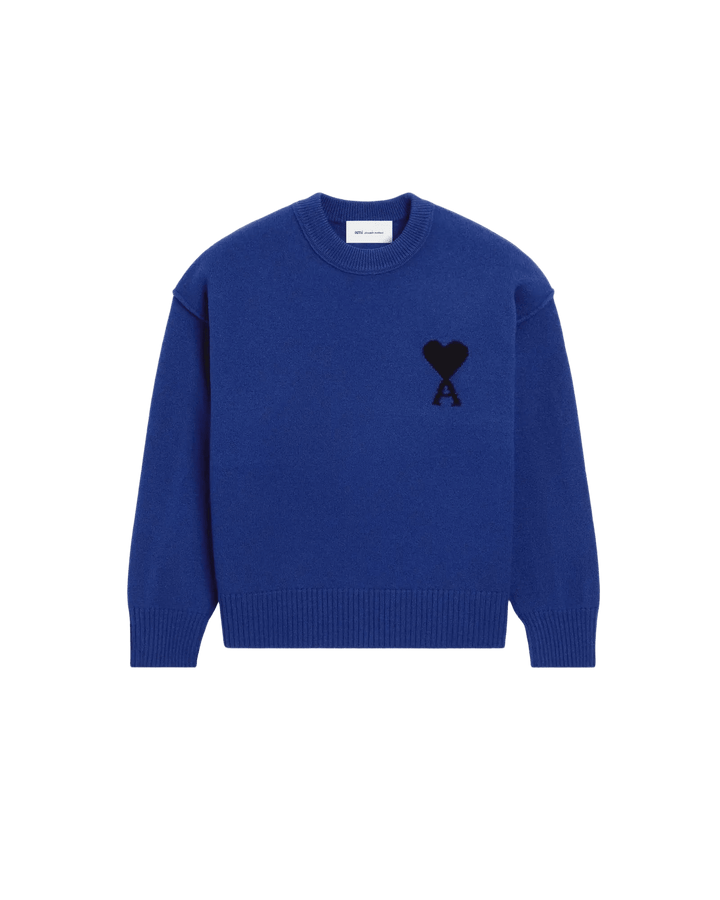 AMI PARIS - Pull Ami de Cœur en Laine Mérinos Feutrée Bleu Roi et Noir - Lothaire