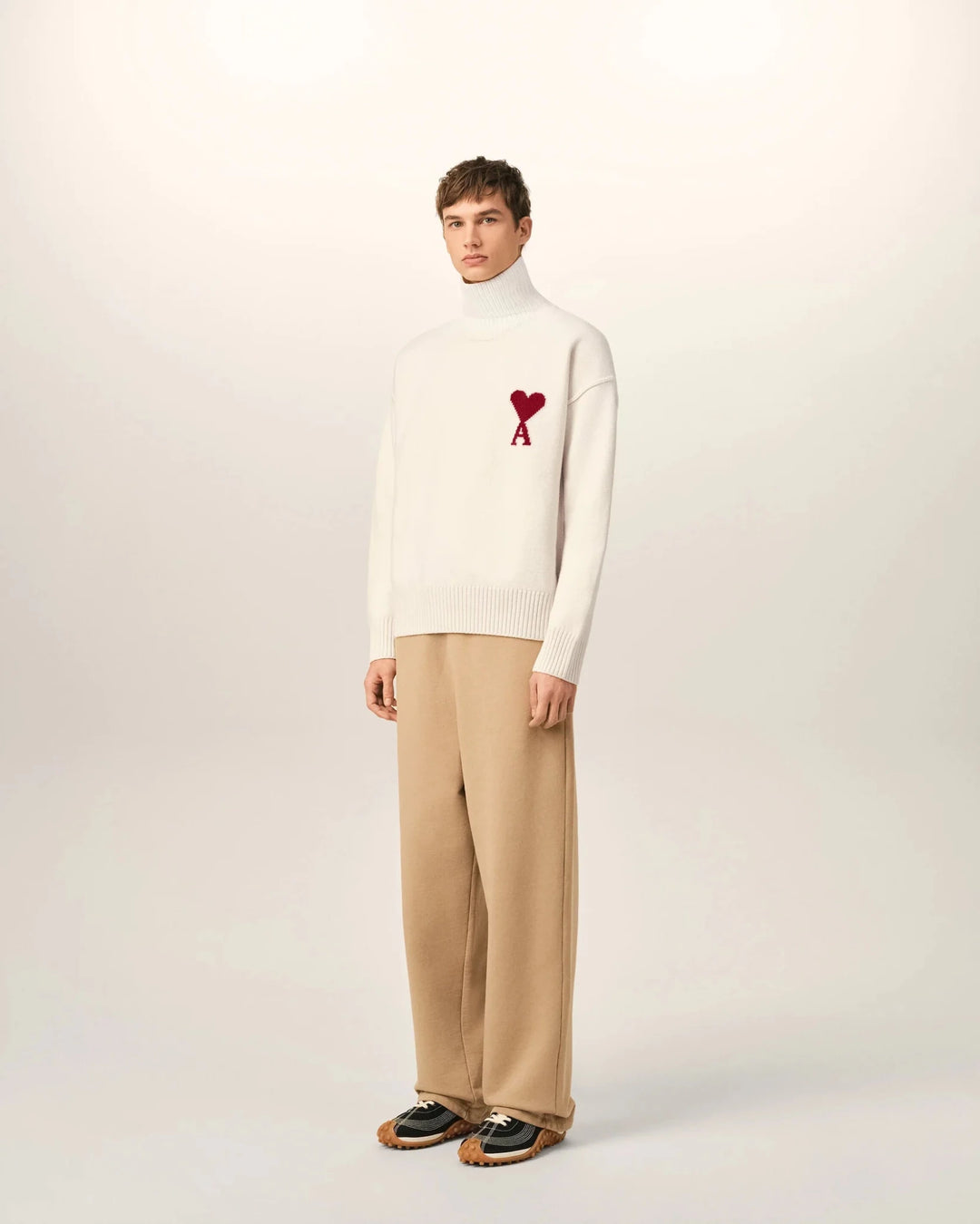 AMI PARIS - Pull col cheminée Ami de Coeur en laine Écru / Rouge - Lothaire