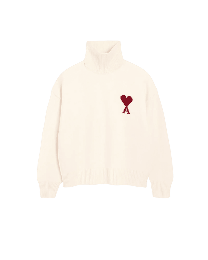 AMI PARIS - Pull col cheminée Ami de Coeur en laine Écru / Rouge - Lothaire