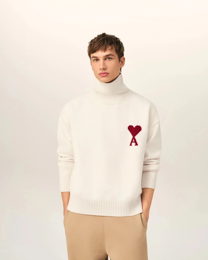 AMI PARIS - Pull col cheminée Ami de Coeur en laine Écru / Rouge - Lothaire