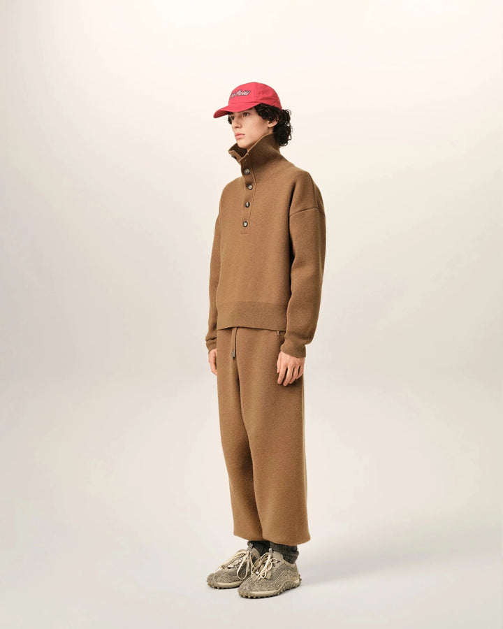 AMI PARIS - Pull col montant boutonné en laine Camel - Lothaire