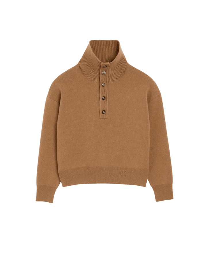 AMI PARIS - Pull col montant boutonné en laine Camel - Lothaire
