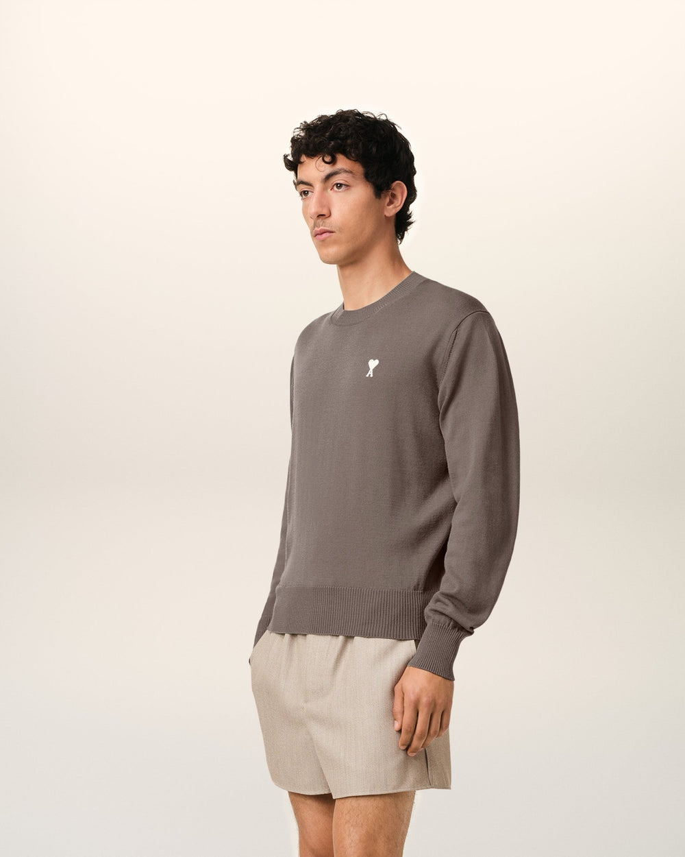 AMI PARIS - PULL COL ROND AMI DE COEUR EN LAINE Beige - Lothaire