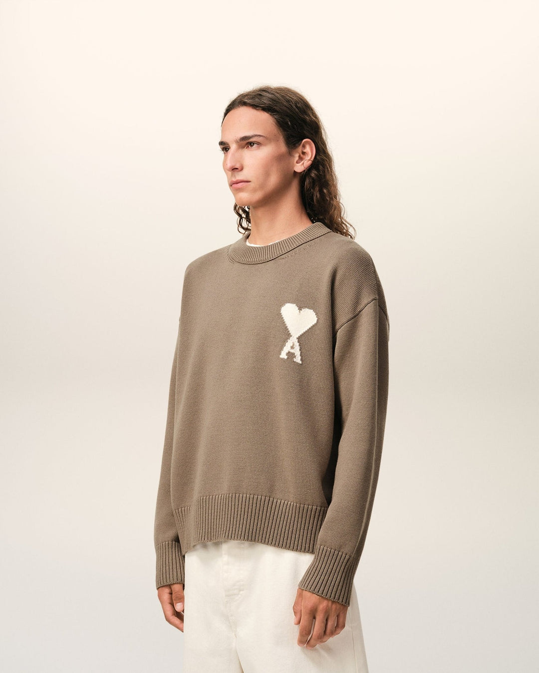 AMI PARIS - Pull Col Rond Ami De Coeur en Laine Et Coton Beige taupe - Lothaire