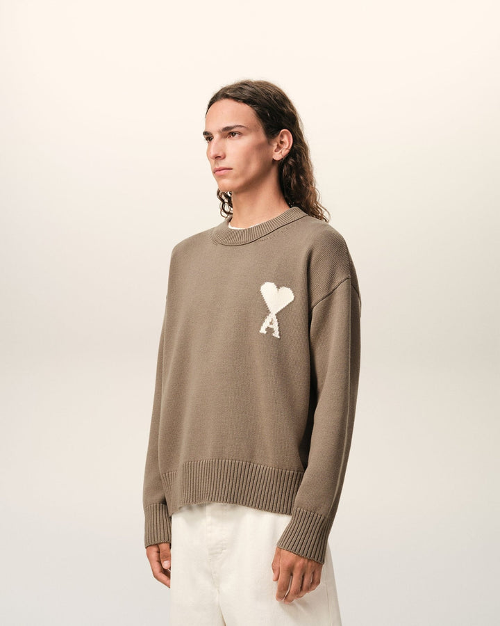 AMI PARIS - Pull Col Rond Ami De Coeur en Laine Et Coton Beige taupe - Lothaire