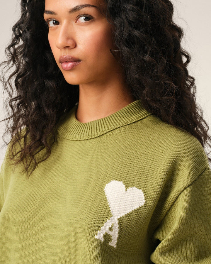 AMI PARIS - Pull Col Rond Ami de Cœur en Laine et Coton Vert Matcha / Écru - Lothaire