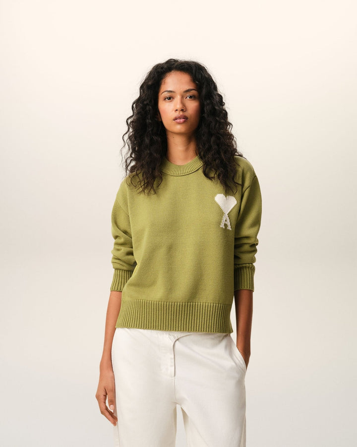 AMI PARIS - Pull Col Rond Ami de Cœur en Laine et Coton Vert Matcha / Écru - Lothaire