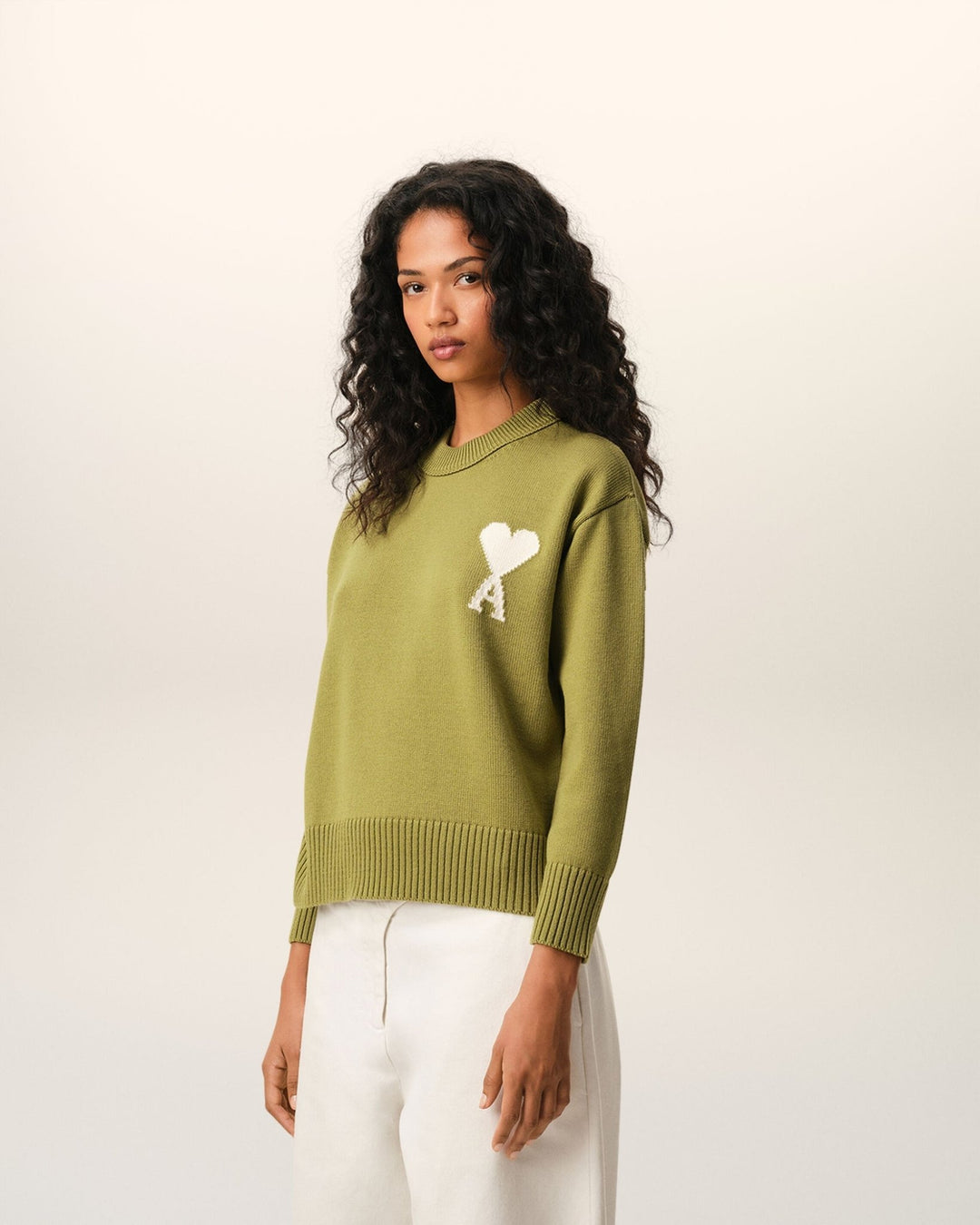 AMI PARIS - Pull Col Rond Ami de Cœur en Laine et Coton Vert Matcha / Écru - Lothaire