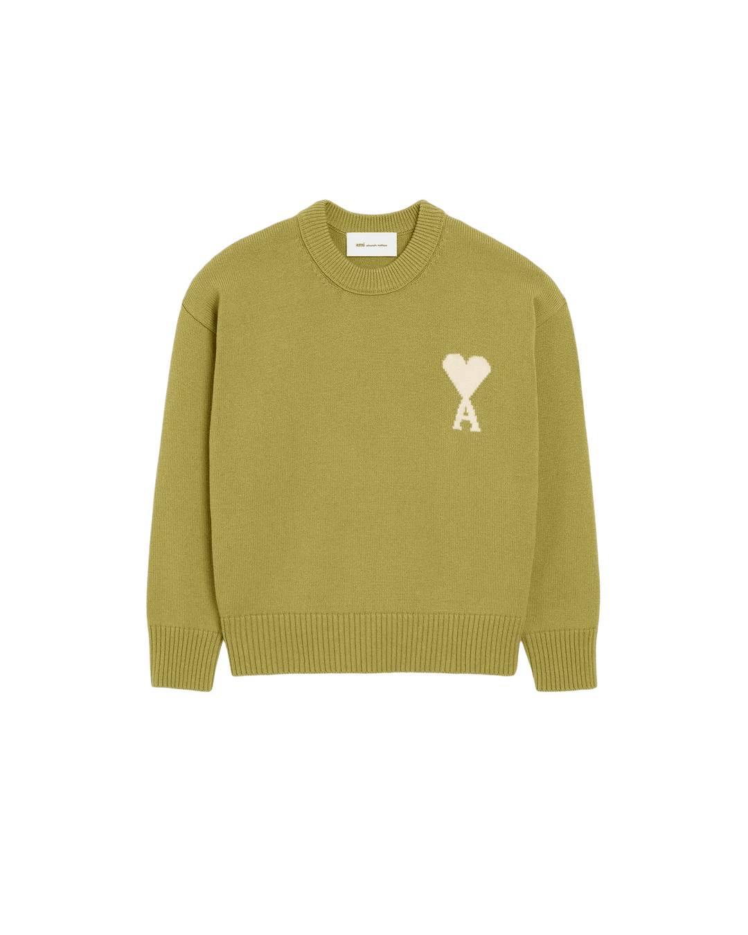 AMI PARIS - Pull Col Rond Ami de Cœur en Laine et Coton Vert Matcha / Écru - Lothaire
