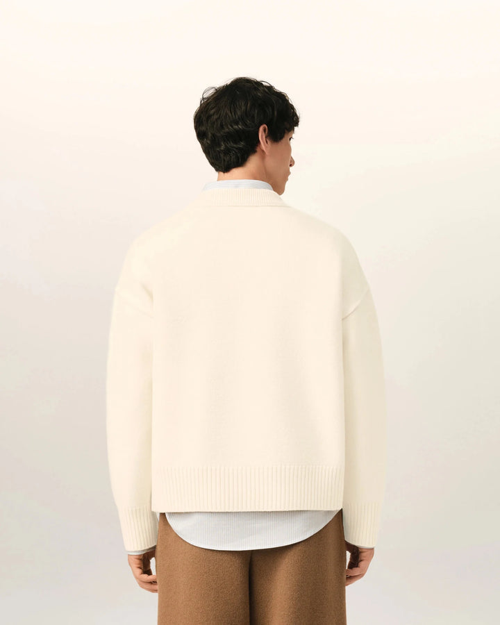 AMI PARIS - Pull col rond Ami de Cœur en laine mérinos Écru / Noir - Lothaire
