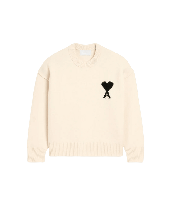 AMI PARIS - Pull col rond Ami de Cœur en laine mérinos Écru / Noir - Lothaire
