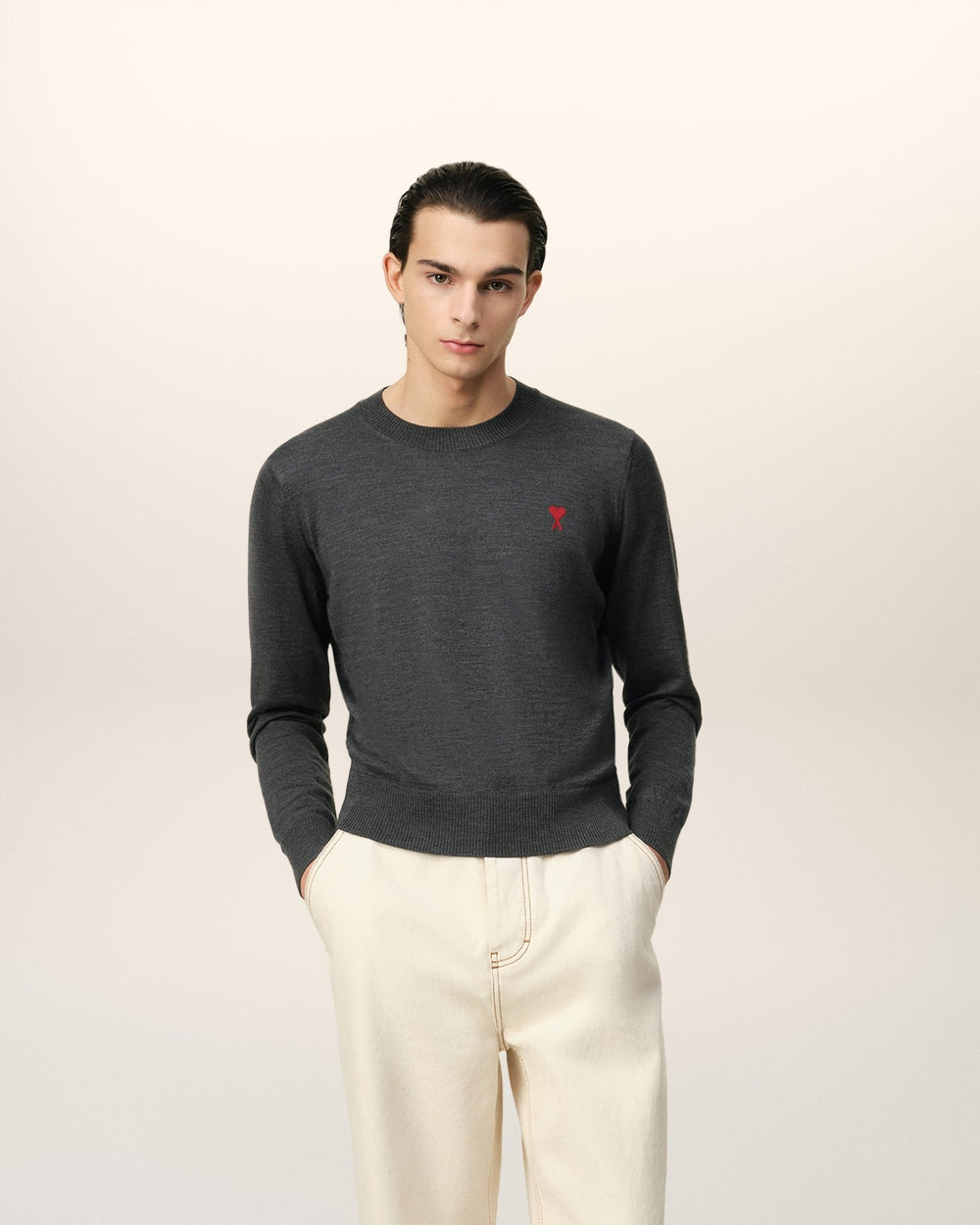 AMI PARIS - PULL COL ROND AMI DE COEUR ROUGE Gris - Lothaire