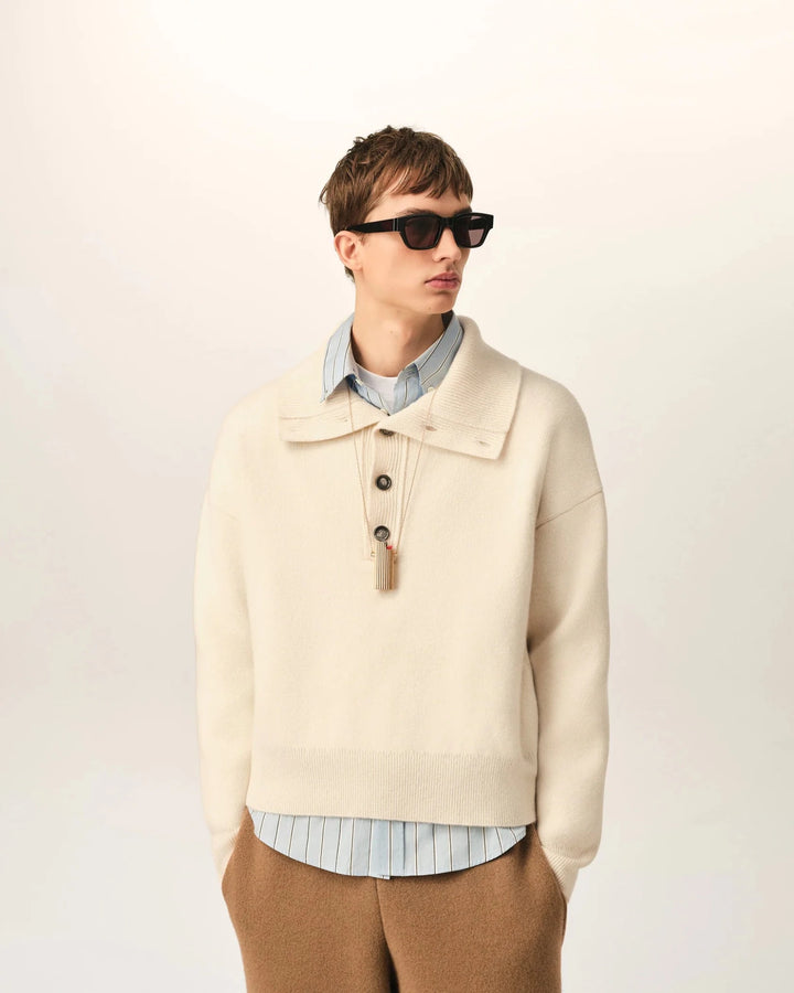 AMI PARIS - Pull en Laine à Col Montant Boutonné Beige Ivoire - Lothaire