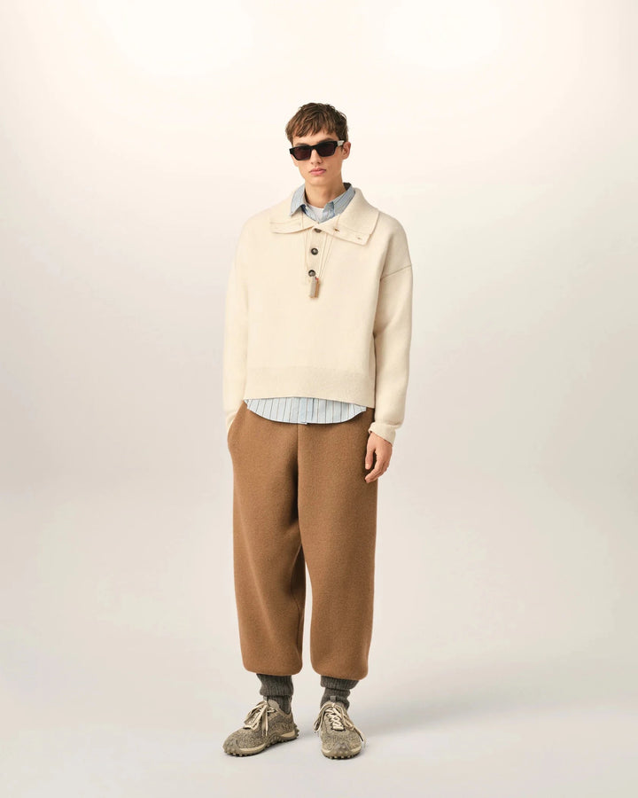 AMI PARIS - Pull en Laine à Col Montant Boutonné Beige Ivoire - Lothaire
