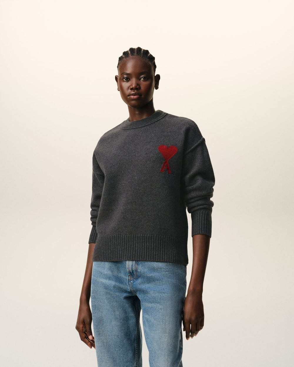AMI PARIS – Pull en laine Ami de Cœur Gris chiné / Rouge - Lothaire