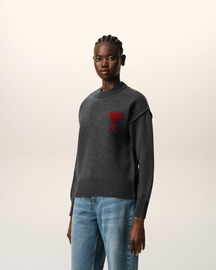 AMI PARIS – Pull en laine Ami de Cœur Gris chiné / Rouge - Lothaire
