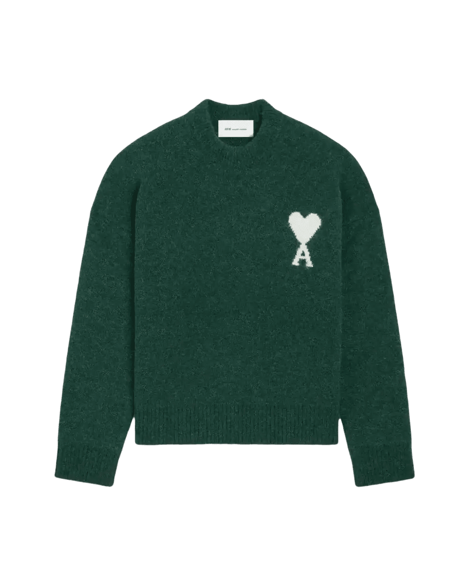 AMI PARIS – Pull en maille col rond Ami de Cœur Vert bouteille / Écru - Lothaire
