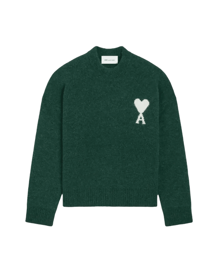 AMI PARIS – Pull en maille col rond Ami de Cœur Vert bouteille / Écru - Lothaire