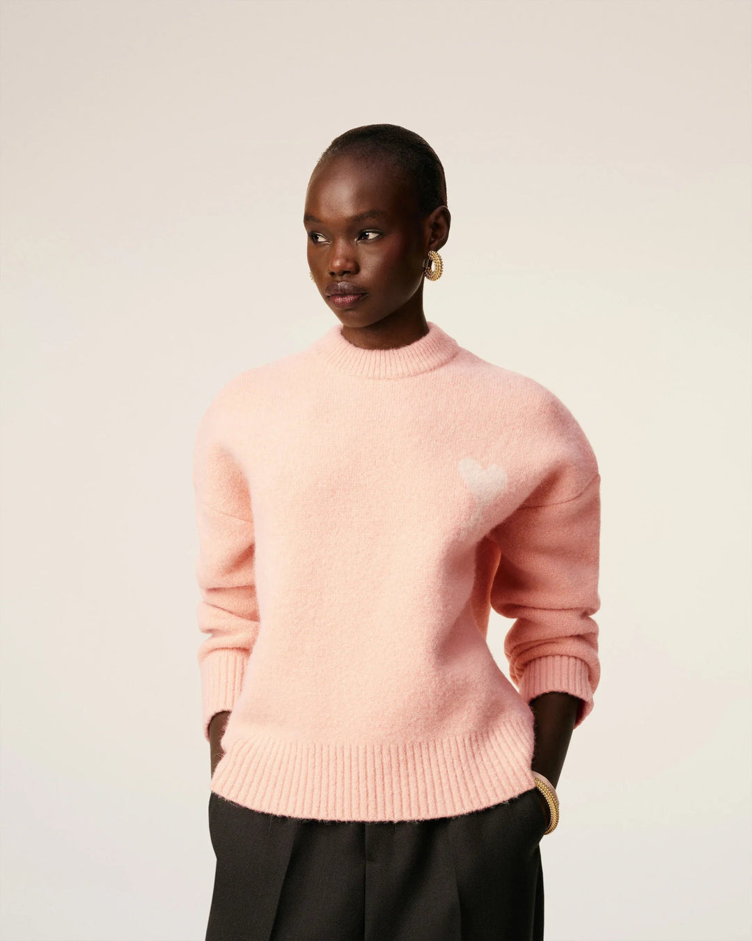 AMI PARIS - Pull Rose Col Rond Ami De Cœur En Alpaga Poudre/Écru - Lothaire