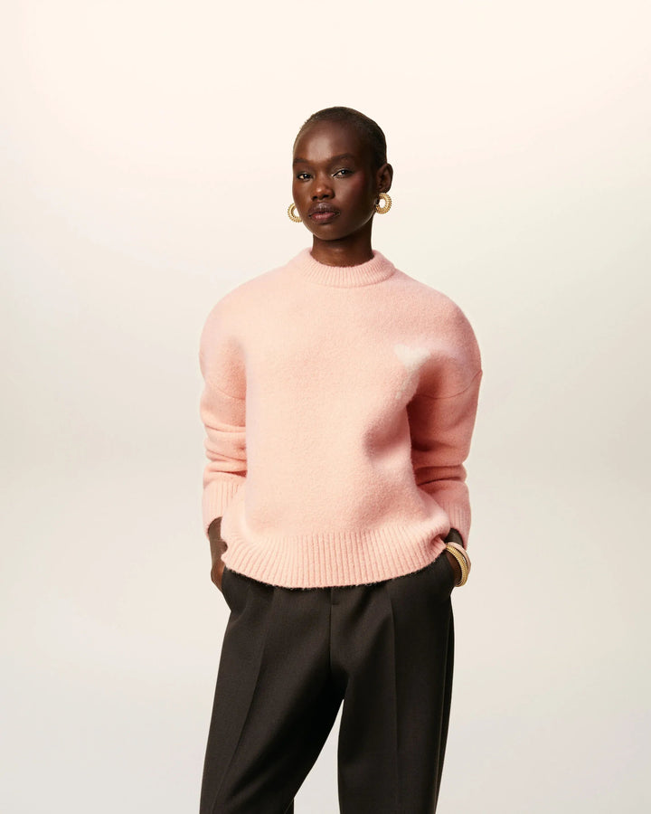 AMI PARIS - Pull Rose Col Rond Ami De Cœur En Alpaga Poudre/Écru - Lothaire