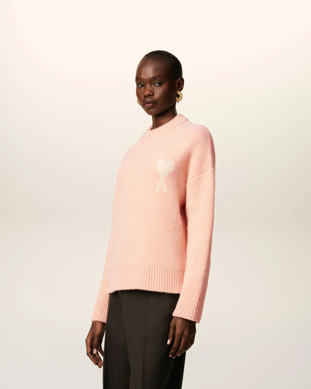 AMI PARIS - Pull Rose Col Rond Ami De Cœur En Alpaga Poudre/Écru - Lothaire