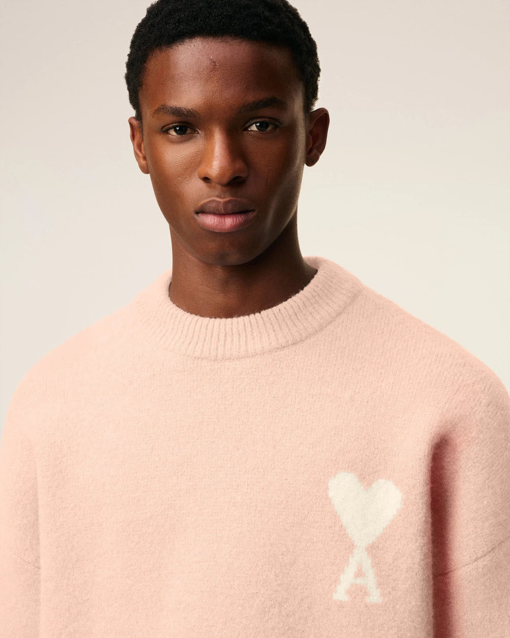 AMI PARIS - Pull Rose Col Rond Ami De Cœur En Alpaga Poudre/Écru - Lothaire