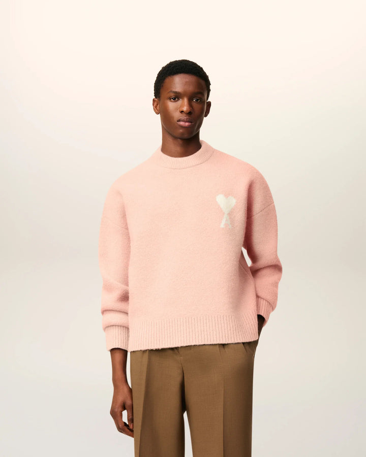 AMI PARIS - Pull Rose Col Rond Ami De Cœur En Alpaga Poudre/Écru - Lothaire