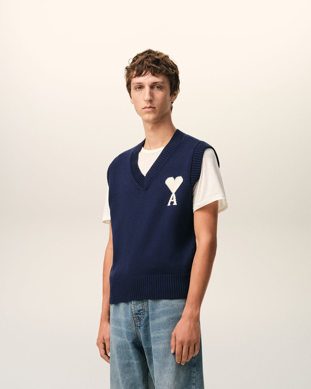 AMI PARIS - Pull sans Manches Ami de Coeur en Laine et Coton Bleu - Lothaire