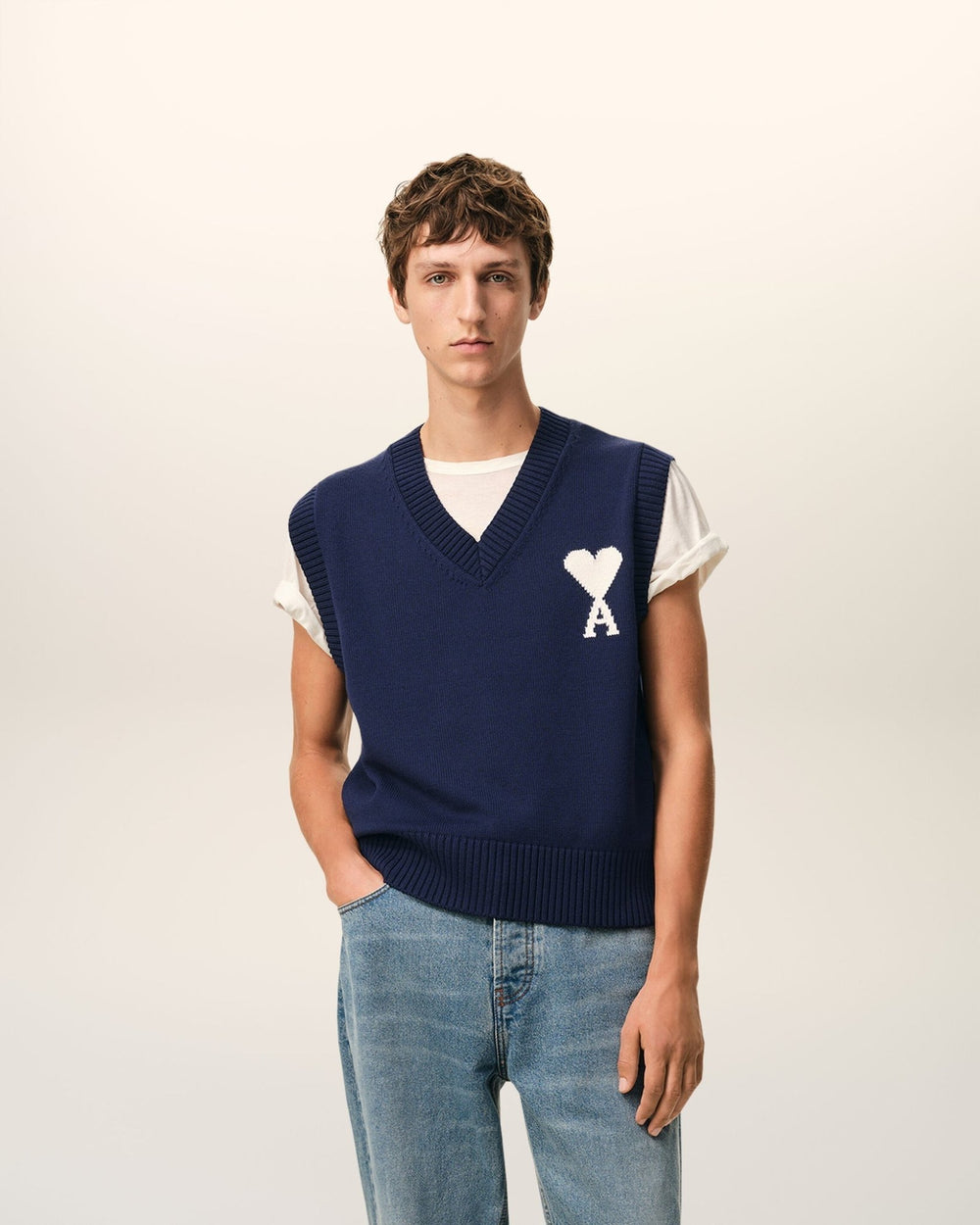 AMI PARIS - Pull sans Manches Ami de Coeur en Laine et Coton Bleu - Lothaire