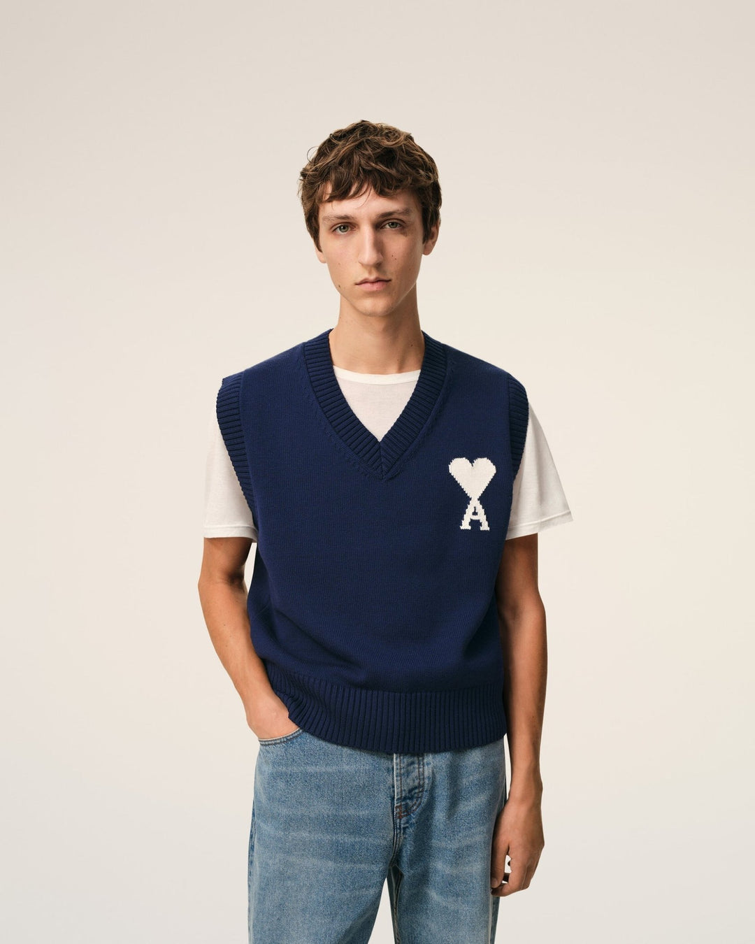 AMI PARIS - Pull sans Manches Ami de Coeur en Laine et Coton Bleu - Lothaire