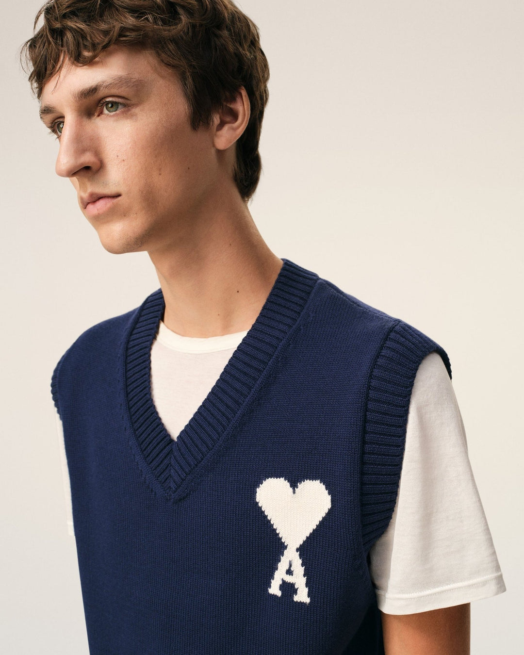 AMI PARIS - Pull sans Manches Ami de Coeur en Laine et Coton Bleu - Lothaire