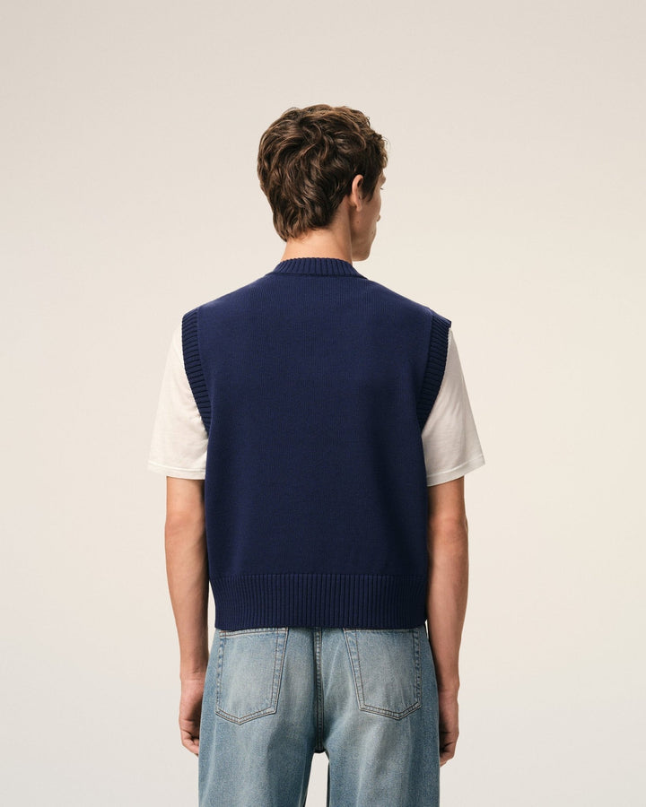 AMI PARIS - Pull sans Manches Ami de Coeur en Laine et Coton Bleu - Lothaire