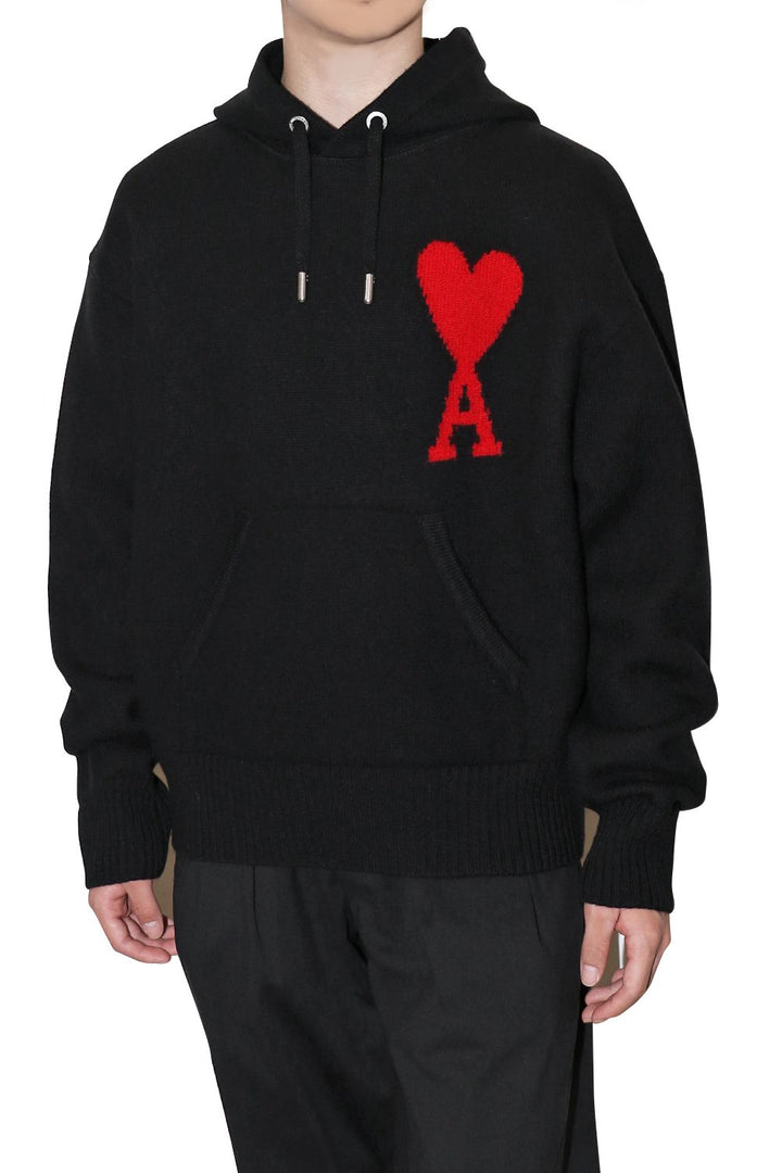Ami Paris Sweat à capuche Noir Ami de Coeur rouge en laine - Lothaire