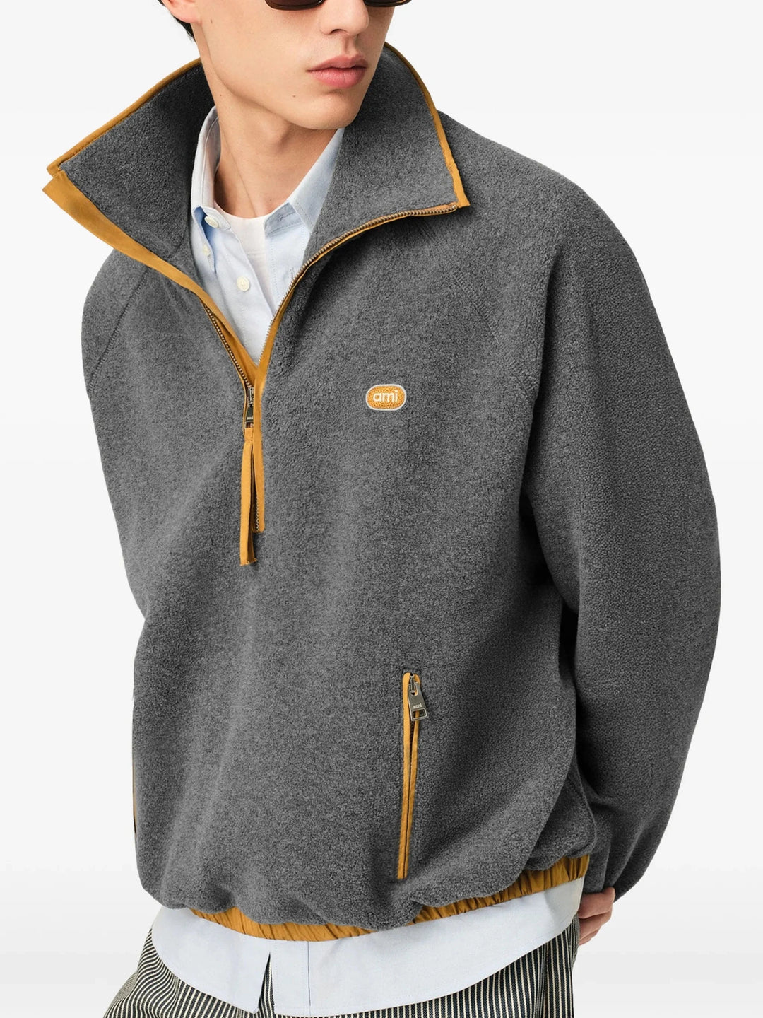 AMI PARIS - Sweat en Polaire Bouclée à Col Zippé Gris - Lothaire