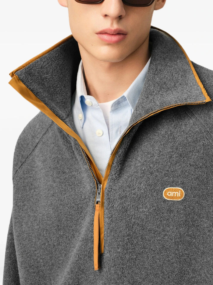 AMI PARIS - Sweat en Polaire Bouclée à Col Zippé Gris - Lothaire