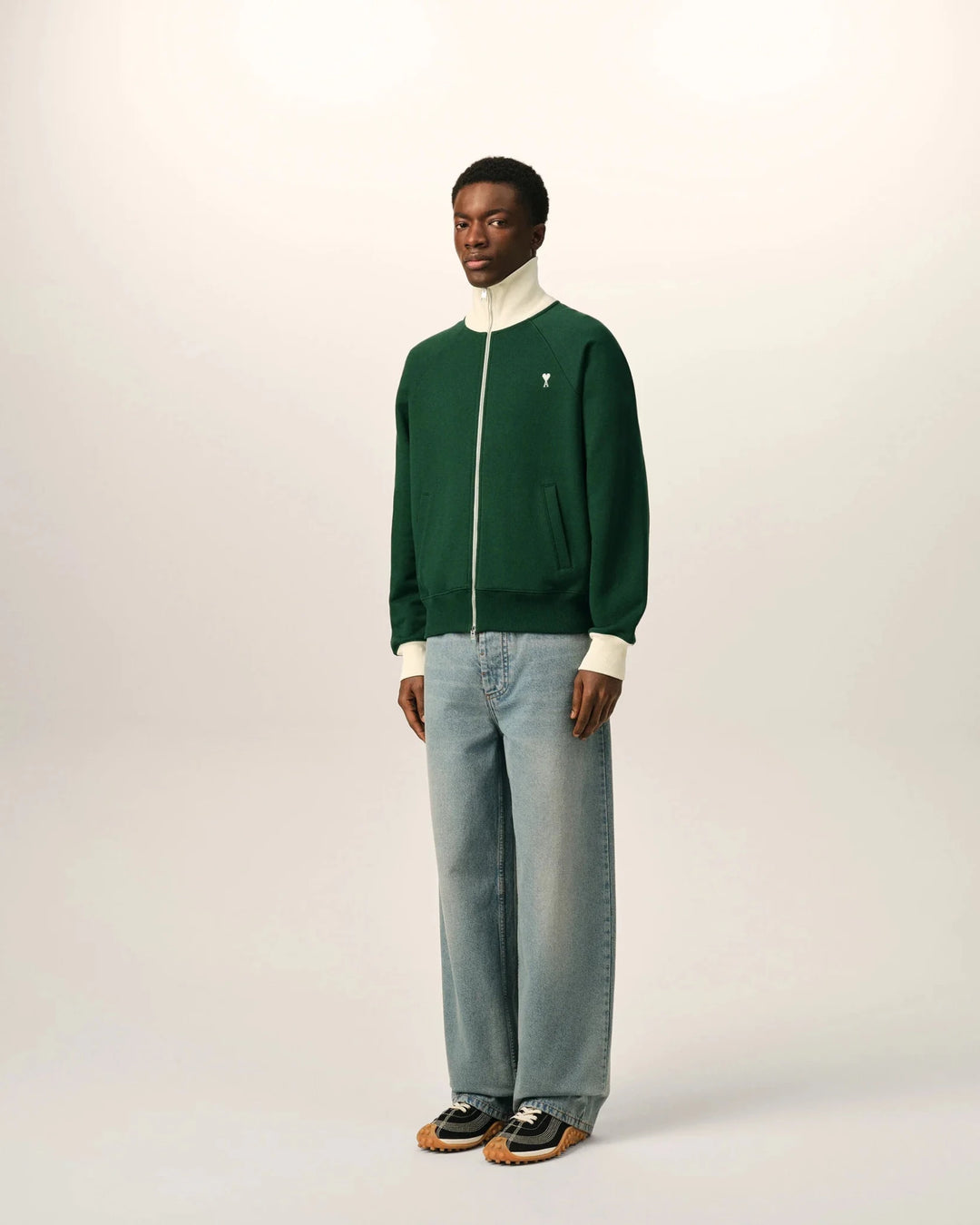 AMI PARIS - Sweat zippé Ami de Cœur Vert bouteille / Ivoire - Lothaire