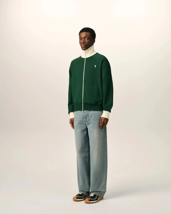 AMI PARIS - Sweat zippé Ami de Cœur Vert bouteille / Ivoire - Lothaire