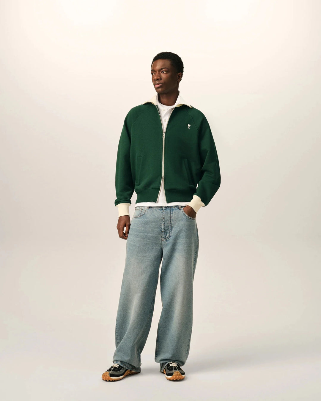AMI PARIS - Sweat zippé Ami de Cœur Vert bouteille / Ivoire - Lothaire