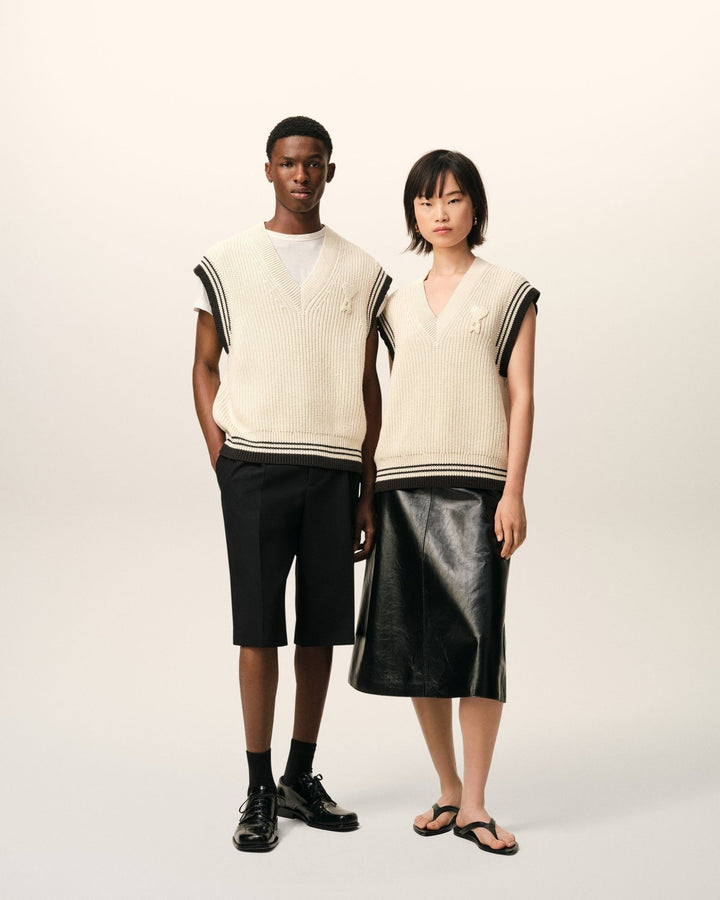 AMI PARIS - Sweater in wool ribbed college cotton knit Blanc crème - Lothaire