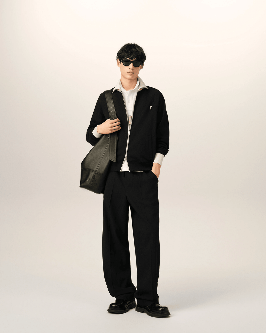 AMI PARIS - Sweatshirt zippé Ami de Cœur en coton Noir / Ivoire - Lothaire