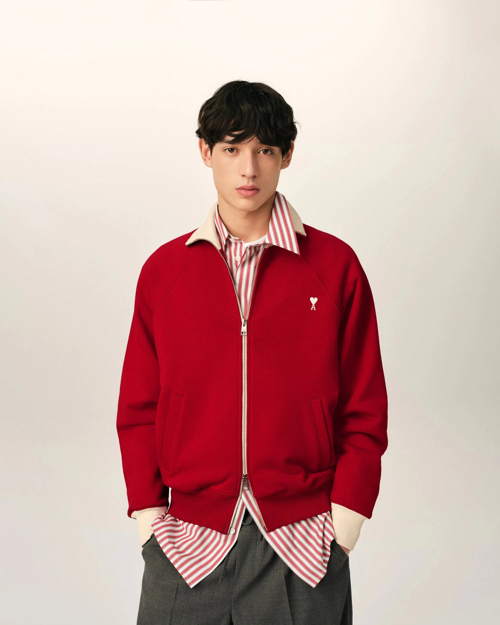 AMI PARIS - Sweatshirt zippé Ami de Cœur en coton Rouge rubis / Ivoire - Lothaire