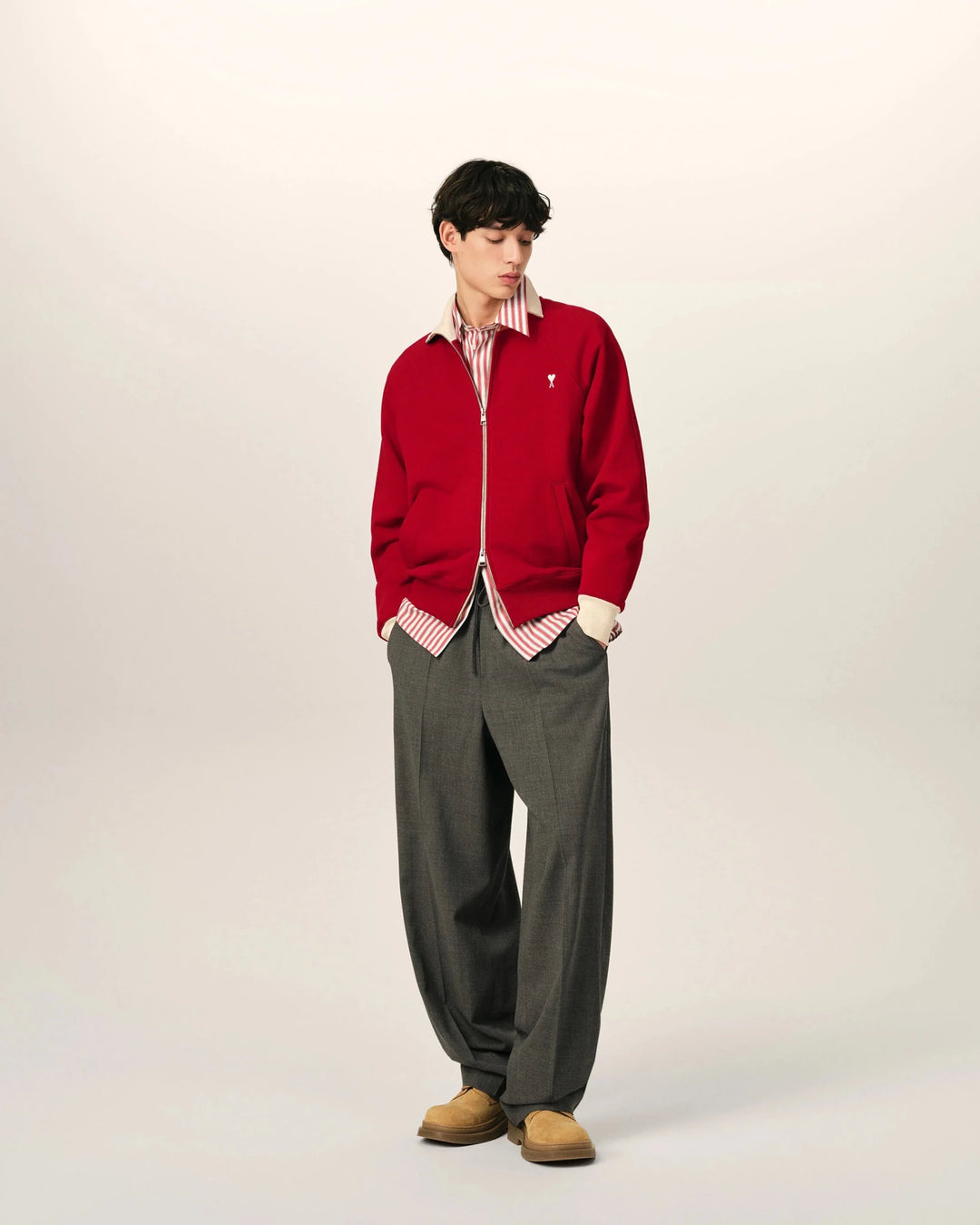AMI PARIS - Sweatshirt zippé Ami de Cœur en coton Rouge rubis / Ivoire - Lothaire