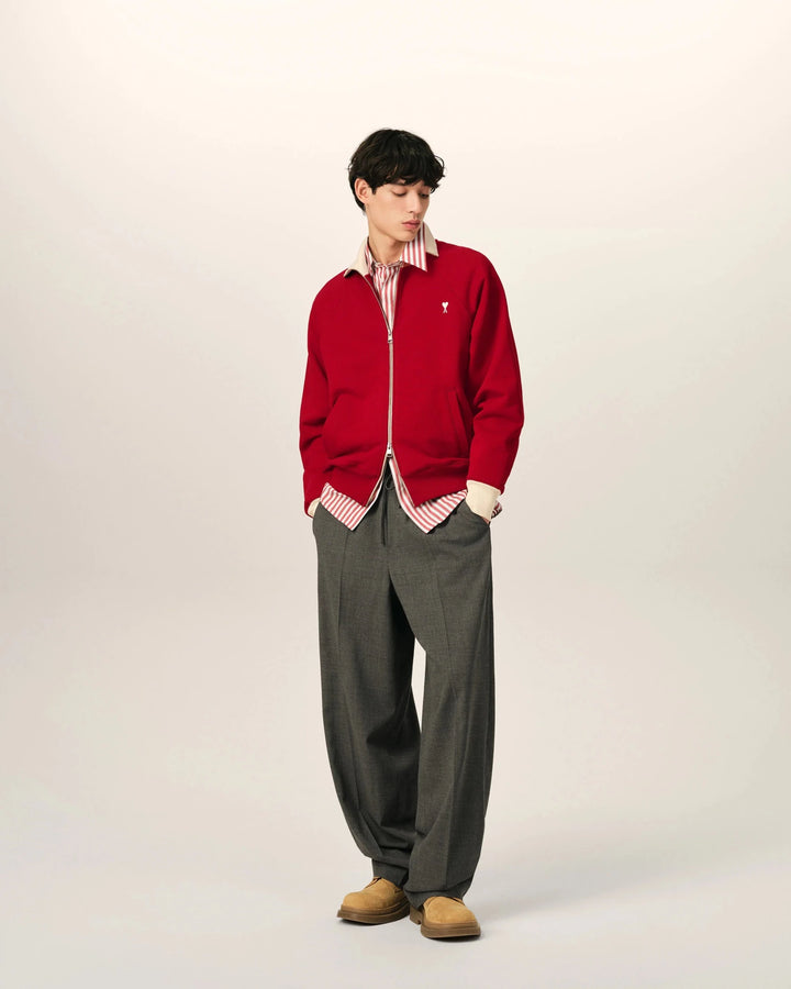 AMI PARIS - Sweatshirt zippé Ami de Cœur en coton Rouge rubis / Ivoire - Lothaire