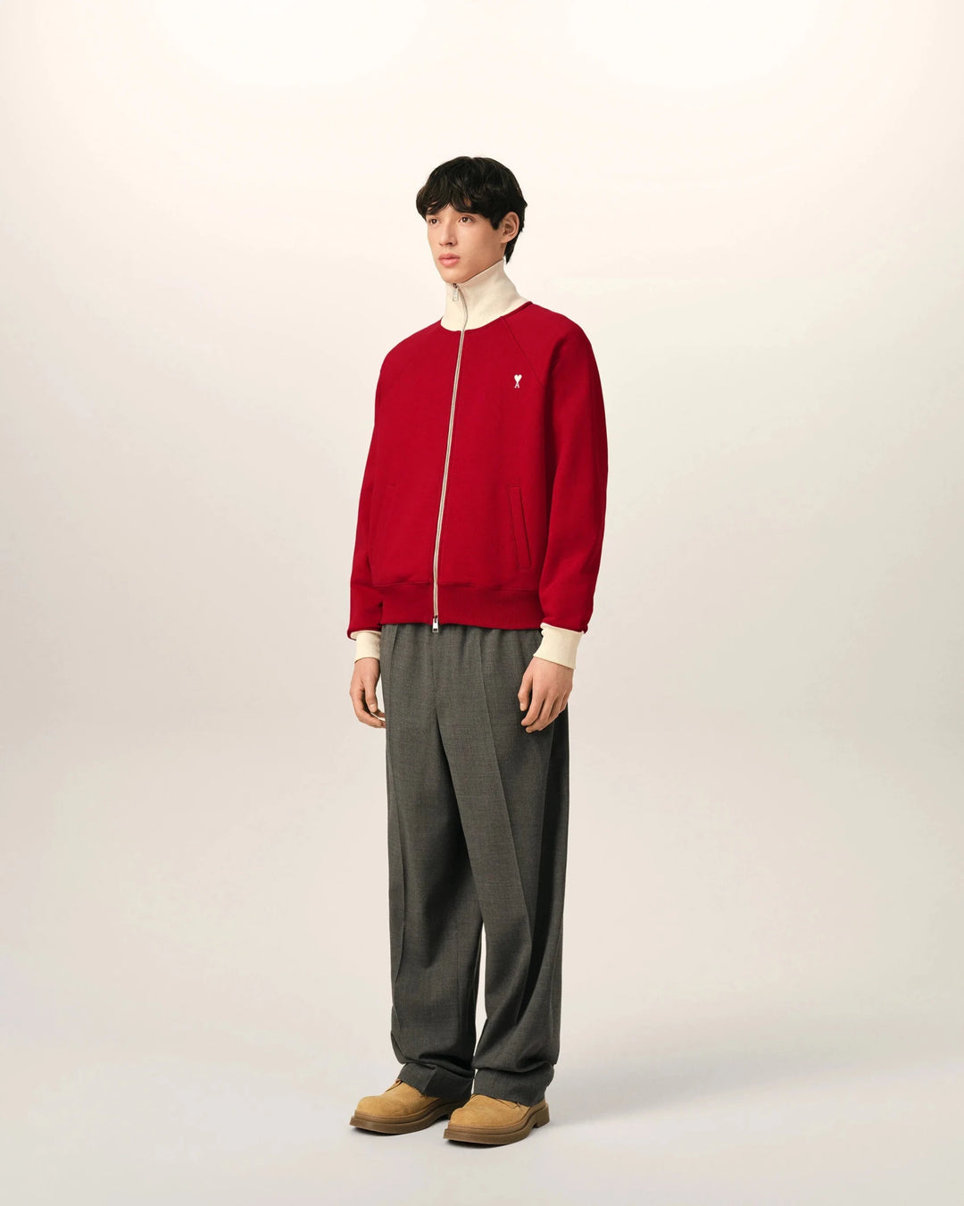 AMI PARIS - Sweatshirt zippé Ami de Cœur en coton Rouge rubis / Ivoire - Lothaire