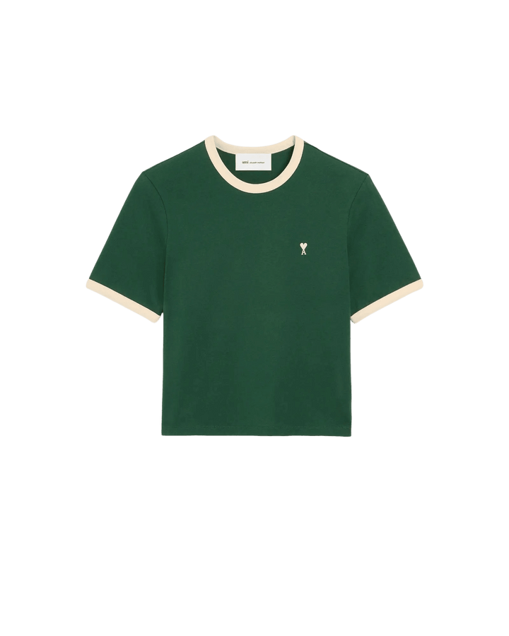 AMI PARIS – T-shirt en coton à détails contrastés Ami de Cœur Vert bouteille / Ivoire - Lothaire