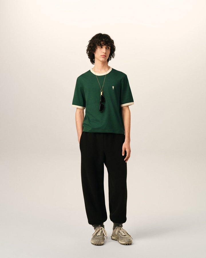 AMI PARIS – T-shirt en coton à détails contrastés Ami de Cœur Vert bouteille / Ivoire - Lothaire