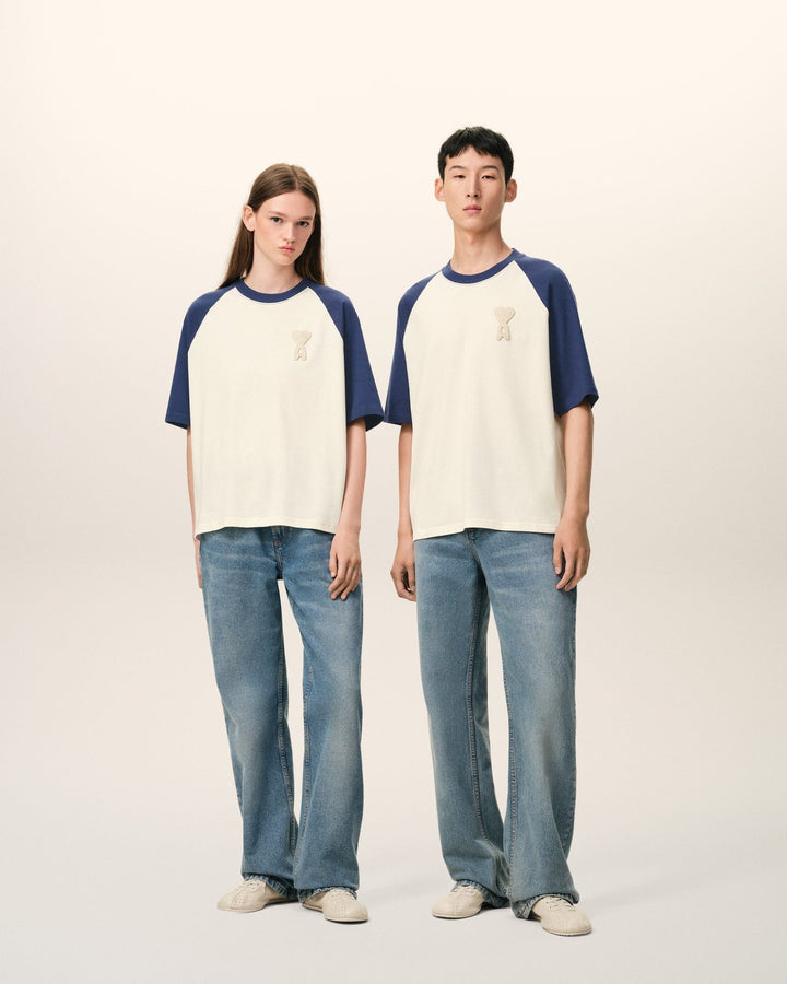 AMI PARIS - Two Tone Thick Cotton Jersey Short Sleeves T-shirt Blanc - Lothaire