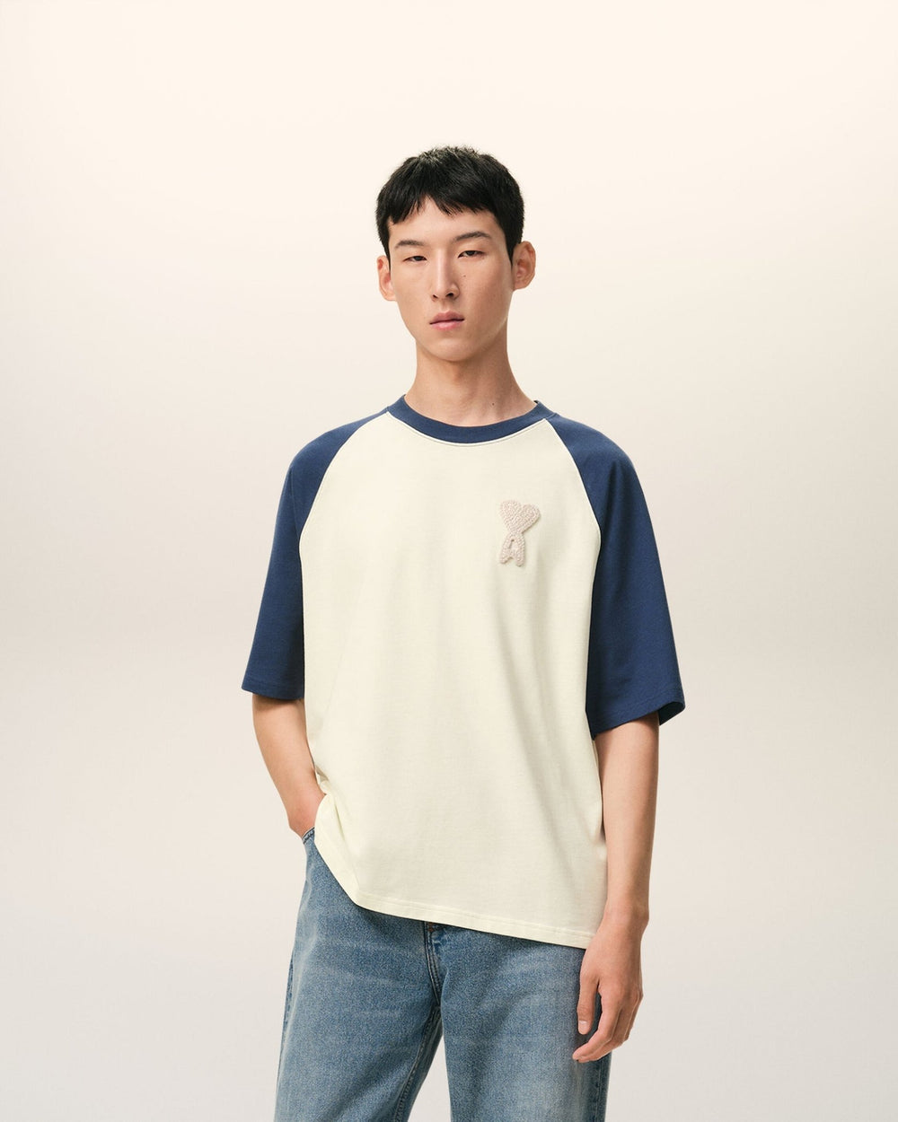 AMI PARIS - Two Tone Thick Cotton Jersey Short Sleeves T-shirt Blanc - Lothaire