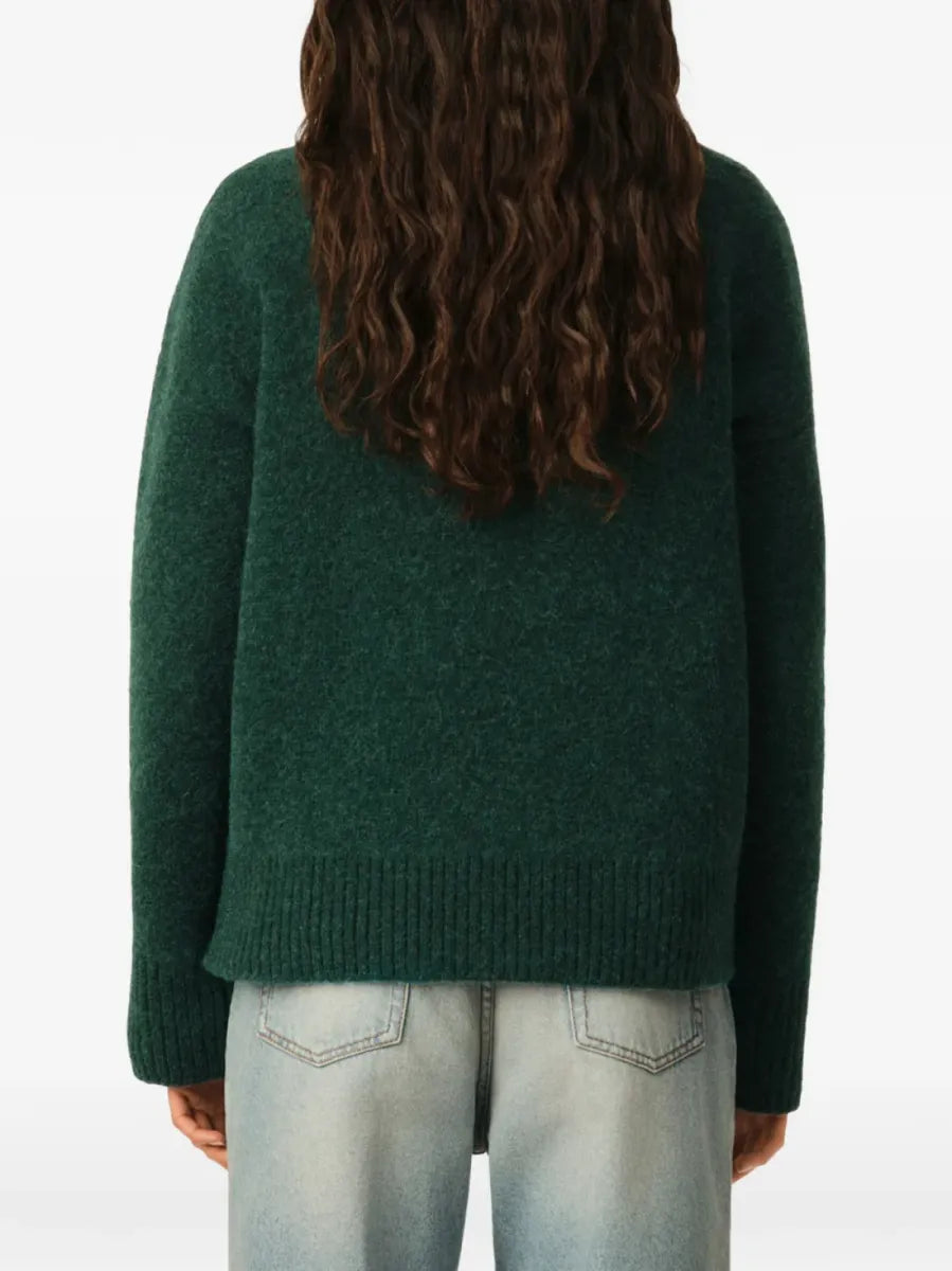 AMI PARIS – Pull en maille col rond Ami de Cœur Vert bouteille / Écru