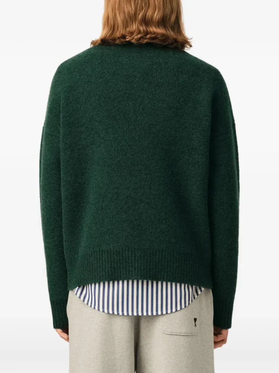 AMI PARIS – Pull en maille col rond Ami de Cœur Vert bouteille / Écru